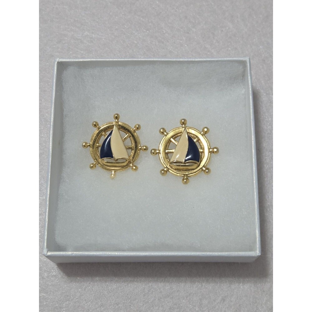 Vintage Avon Nautical Sailboat Earrings | Enamel Ship Wheel Studs